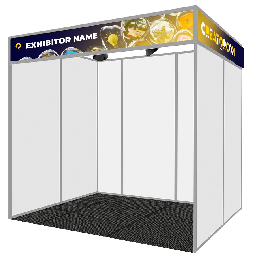 Shell scheme stand with a fascia carrying the exhibitor name