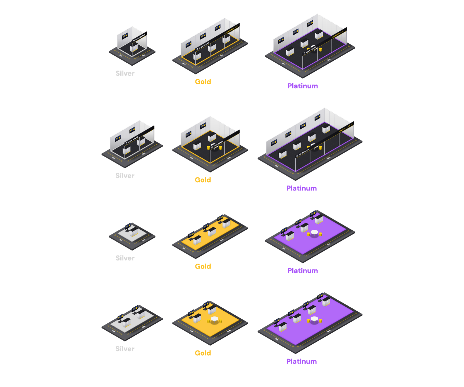 All six stand sizes drawn to one scale, shell scheme and space only, from Silver 3x3 to Platinum 12x6