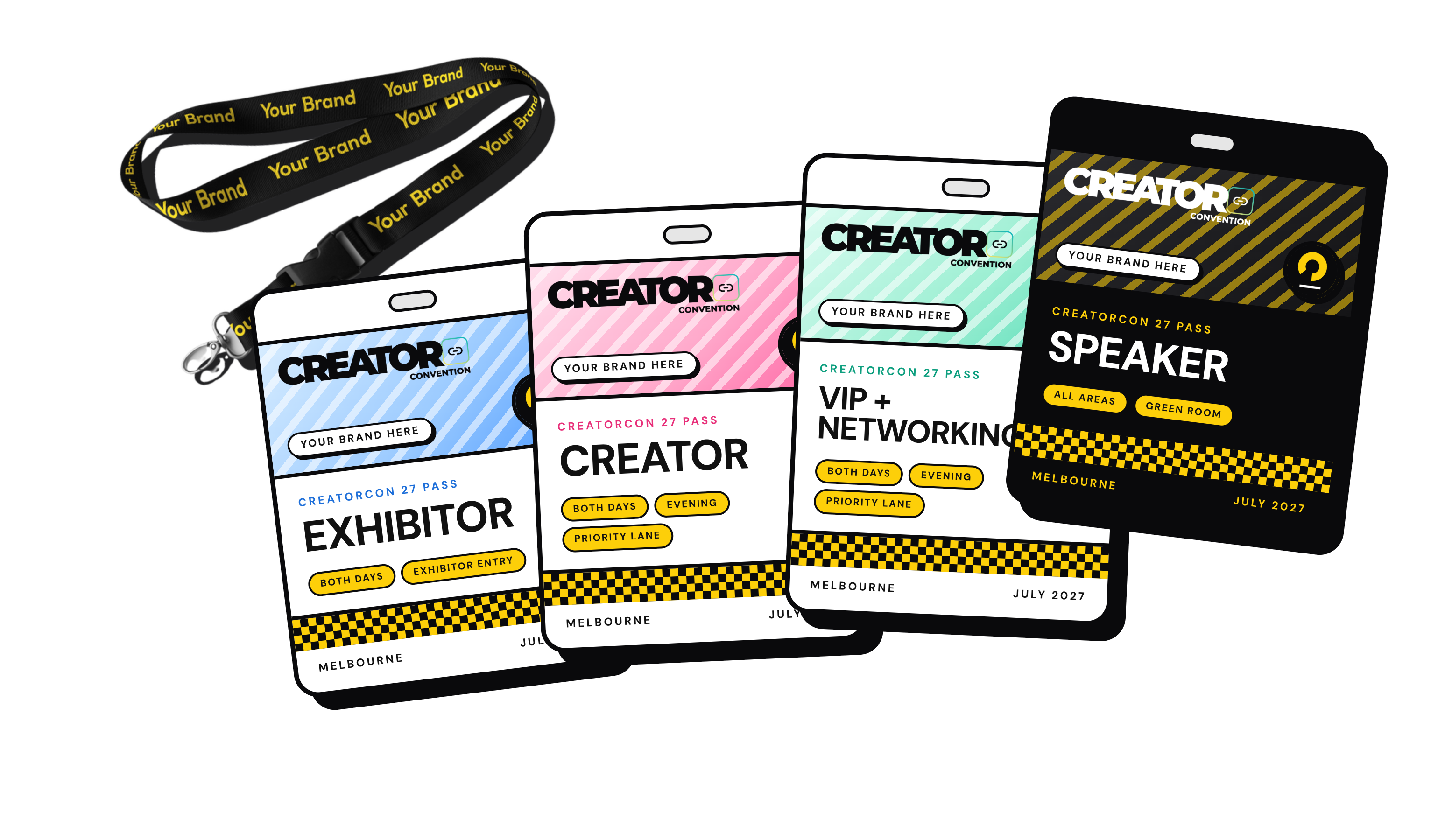 Four CreatorCon badges with the branded lanyard